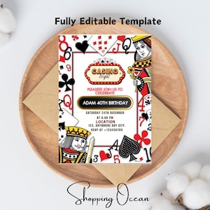 Invitación de cumpleaños editable de casino, fiesta de cumpleaños de póquer para los años 21, 30, 40 y 50, noche de casino, jubilación en el casino, naipes de póquer