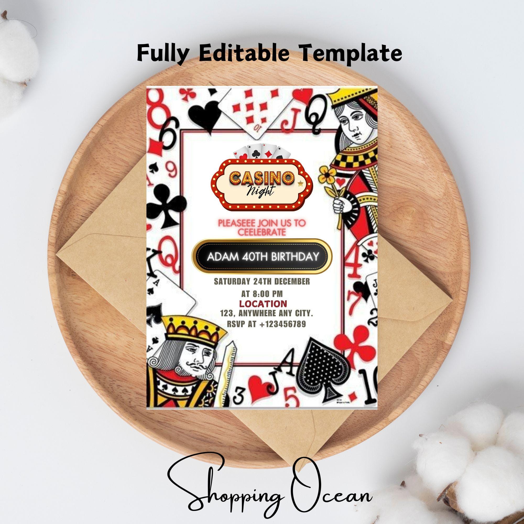 Editable Casino Birthday Invitation, 21st 30th 40th 50th Poker Birthday Party, Casino Night, Casino Retirement, Playing Cards Poker