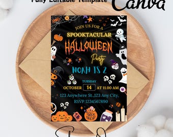 Invitación a fiesta de Halloween, plantilla Canva, fiesta de terror de noche espeluznante, invitación de Halloween editable, invitación a fiesta de Halloween, casa del terror.
