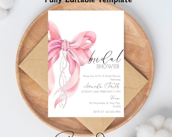 bow Bridal Shower Invitation, Pearl Bow Bridal Shower Bachelorette hens Invitations, bohemilan bridal shower Invite