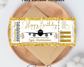 Editable Airplane Boarding Pass Birthday Invitation Template, Plane Travel Ticket Template Surprise Birthday Adults and Kids Birthday Invite