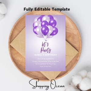 Editable Purple Balloons Birthday Invitation Template, Let&#39;s Party Purple Balloons Invite, Printable Balloons Invites, Girls Birthday Invite