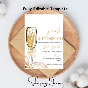 Plantilla de invitación para despedida de soltera con perlas y prosecco, invitación imprimible minimalista para despedida de soltera con perlas, despedida de soltera con perlas y prosecco