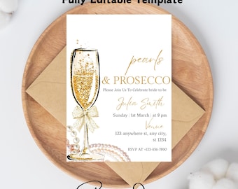 Pearls and Prosecco Bridal Shower Invitation Template, Printable Minimalist Pearl Bridal Shower Invite, Pearls & Prosecco Wedding Shower