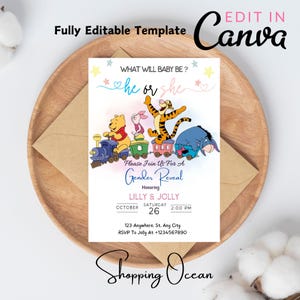 Classic Winnie The Pooh Baby Shower Invitation, Editable Template Greenery Winnie Pooh Baby Shower Party, Gender Neutral Baby Shower Invite