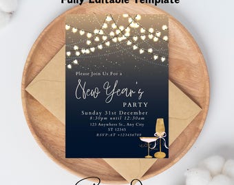 Bewerkbare bewerkbare New Years Eve-feestuitnodiging, Cheers To The New Year uitnodigingssjabloon, New Years Eve uitnodigen, New Year Party Invite