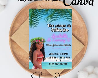 Baby Moana Geburtstagseinladung, Moana Girls Luau Party, digitale Einladung, süße Moana Cartoon, Kindergeburtstag, Canva bearbeitbare Vorlage