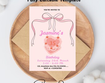 Edytowalne zaproszenie na 18 urodziny | Zaproszenie z różową kokardką Coquette | Personalizowane zaproszenie na imprezę | Elegancki design | Natychmiastowe pobranie cyfrowe