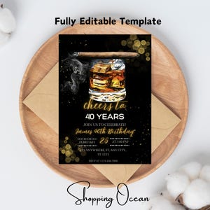 Whiskey Birthday Invitation, Surprise Party Adult, 30th 40th 50th Any Age, Cognac Scotch Liquor, Canva Editable Adult Men Birthday Invite