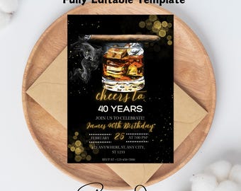 Whiskey Birthday Invitation, Surprise Party Adult, 30th 40th 50th Any Age, Cognac Scotch Liquor, Canva Editable Adult Men Birthday Invite