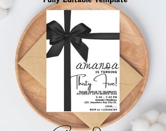 Black Bow Birthday Invitation, Minimalist Black Bow Birthday Invite, Black Ribbon Coquette 30th 40th 50th Birthday Party, Canva Template