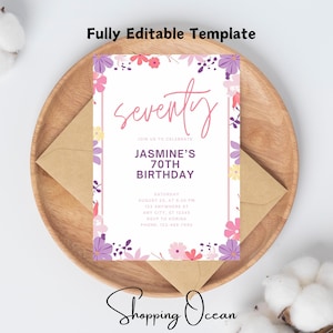 Floral 70 Years Loved Birthday Invitation Template, Wildflower 70th Birthday Invitation Women, Elegant Invite for Her Seventy