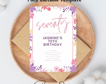 Floral 70 Years Loved Birthday Invitation Template, Wildflower 70th Birthday Invitation Women, Elegant Invite for Her Seventy