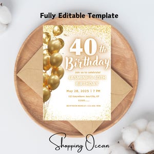 Editable Golden Birthday invitation Template, Printable Gold Glitter Birthday Invite, Golden birthday invite, 40th birthday invitation