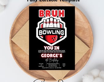 Bowling Birthday Party Invitation Template | Editable Canva Design for Kids Bowling Alley Celebration | Fun and Customizable Invite, Custom