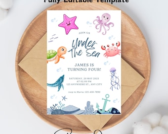 Under The Sea Birthday Invitation, Editable Whale Shark Party Invite, Nautical Any Age Kids Template, Sea Life Card, Instant Download