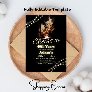 Invitación de cumpleaños de whisky, invitación de cumpleaños editable para hombres adultos, 30, 40, 50 años, cualquier edad, coñac, licor escocés, descarga imprimible, cena de fiesta