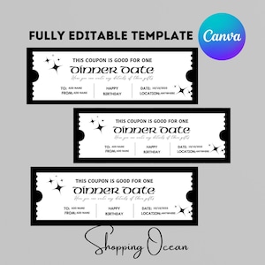 Custom Dinner Date Gift Coupon Editable Voucher for Dinner Date Ticket for Gay Card Template Date Token Digital Date Idea Date Night Voucher