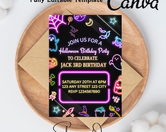 Invitación editable a fiesta de Halloween con neón Invitación de cumpleaños brillante Invitación de Halloween Plantilla de invitación a fiesta espeluznante de Halloween Canva Invite