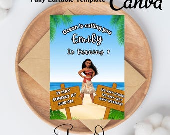 Moana Birthday Invitation, Digital Editable Hawaiian Moana Birthday Invite, Kids Theme Party Invitation, Digital Moana Beach Template
