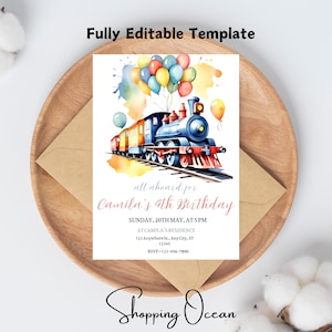 Watercolor Train Birthday Invitation, Chugga Chugga, Choo Choo Invitation, 3rd Birthday Invite, Third Birthday, Party Boy, Editable Canva