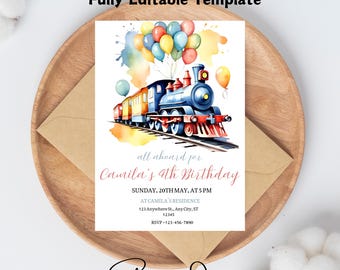 Watercolor Train Birthday Invitation, Chugga Chugga, Choo Choo Invitation, 3rd Birthday Invite, Third Birthday, Party Boy, Editable Canva