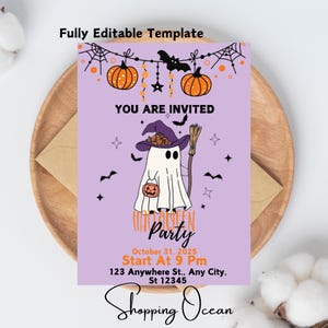 May include: Purple invitation card with a ghost wearing a witch hat and holding a pumpkin. The text reads "You are invited" and "Halloween Party" with the date and time of the party. The card also includes a web, bats, stars, and pumpkins.
