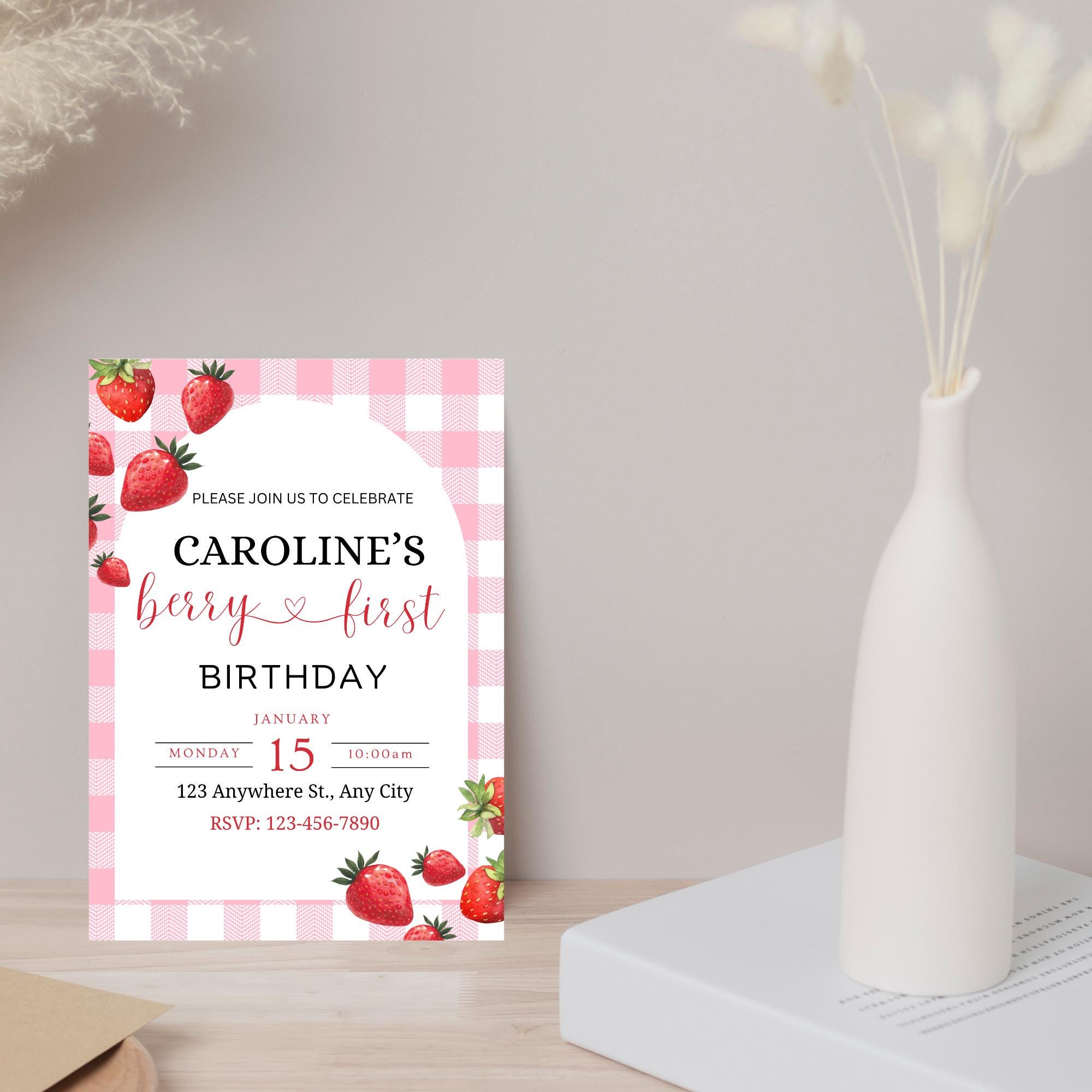 Editable Pink Gingham Strawberry 1st Birthday Invitation, Berry First ...