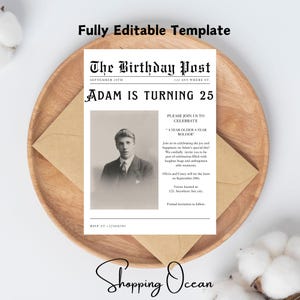 Birthday Post Invitation, newspaper invite template, editable birthday invite