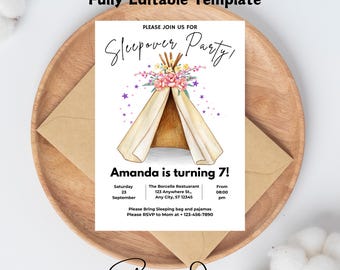 Sleepover Birthday Minimalist Invitation Set Slumber Party Invite Girl Pajama Party Glamping Tent Digital Printable Editable Download Canva