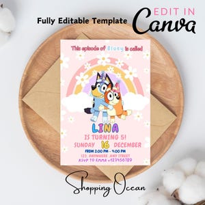 Mädchen Bluey Geburtstagseinladung | Bluey Einladung | Vorlage Bluey Einladung | Digital Bluey Girl einladen |Vorlage Bluey |Aquarell einladen