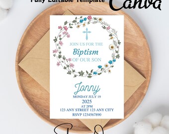 Plantilla de invitación de texto de bautismo digital, flores azules rústicas, invitación de texto de bautismo rosa, editable, electrónica, descarga instantánea