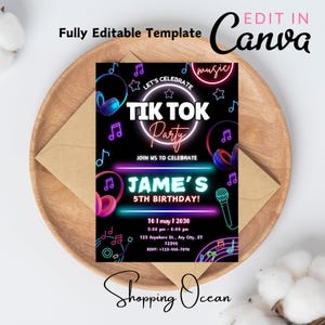TikTok birthday invitation, tik tok invite, printable editable party invite template, blogger party, tik-tok music party