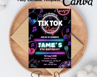 TikTok birthday invitation, tik tok invite, printable editable party invite template, blogger party, tik-tok music party