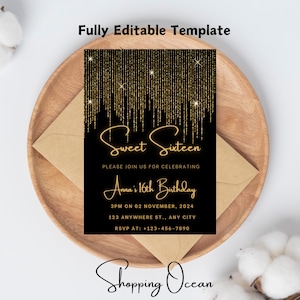 Editable Sweet 16 Birthday Invitation, Black and Gold Invitation, Neon, Print or Digital, Sweet Sixteen Gold Black Birthday Invitation