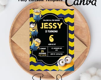 Invitación de cumpleaños amarilla editable / Invitación de cumpleaños para niños / Plantilla Canva para descarga digital