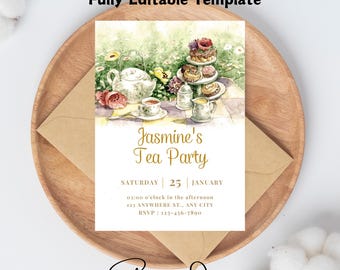 Bewerkbare Tea Party verjaardagsuitnodiging meisje Par-Thee nodigt bloemen roze goud grillige thee Download afdrukbare sjabloon