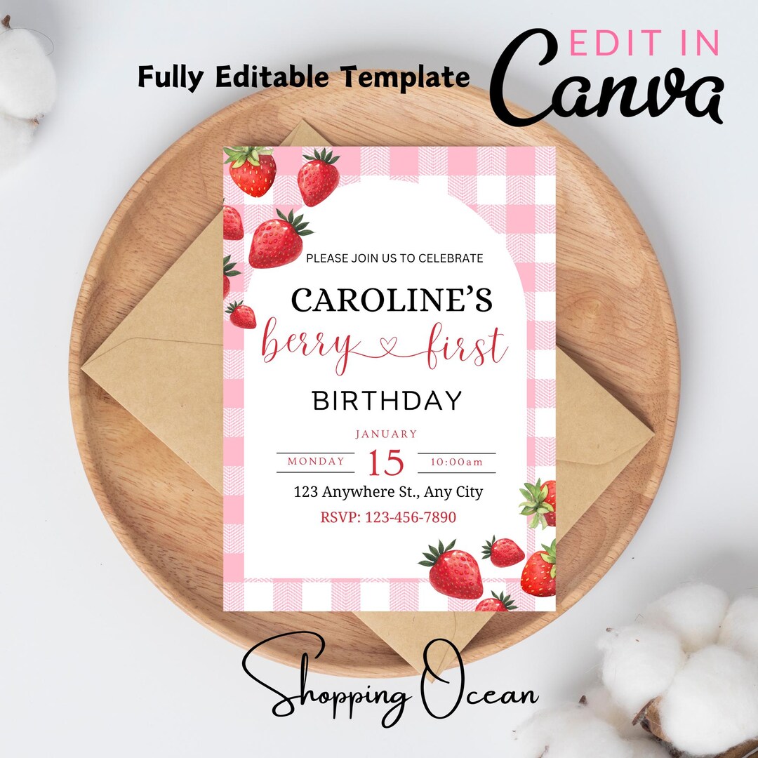 Editable Pink Gingham Strawberry 1st Birthday Invitation, Berry First ...
