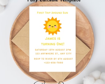 Editable First Trip Around The Sun Invitation, Sun Birthday Invite, Sun Birthday Invitation, Sunshine 1st Birthday Invite, Sunshine Birthday