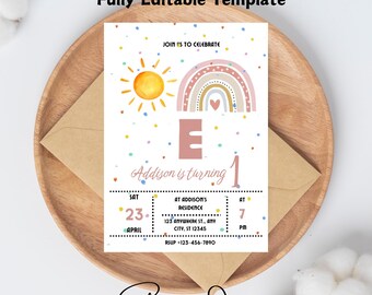 Modern Rainbow First Birthday Invitation, boho rainbow 1st Birthday, Minimalist Onederful Invitation, Rainbow girl 1stBirthday Invite