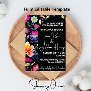 Mexican floral party invitations, bold colors with black background, digital template invitation, fajitas and ritas,