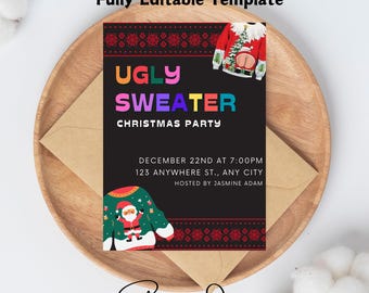 May include: A black and red Christmas party invitation with the text "Ugly Sweater Christmas Party" in rainbow colors. The invitation includes the date, time, location, and host name.