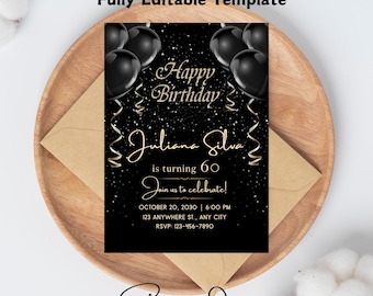 60th Birthday Invitation SIXTY Party Black Gold Glitter Sparkle Balloons Digital Instant Download 5x7 Printable Editable Invitation