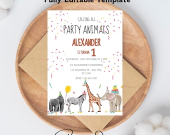 Party Animals Birthday Invitation Card , Wild One Animals Invitation Zoo Safari, Kids Party Animal Birthday Invitation Canva Template
