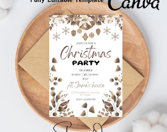 Op de afbeelding: Een witte kerstfeestuitnodiging met gouden en bruine bloemillustraties. De tekst luidt "Join us for a Christmas Party", "December Zondag 20 Zondag 2023", "At Jame's house", "123 Anywhere st. Any City, ST 12345", "RSVP +123456789", en "Shopping Ocean".