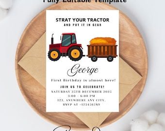 Editable Tractor Birthday invitation, Green Tractor Invitation, any age, 1st birthday, 2nd birthday, Farm birthday, tractor invite download