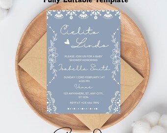Blauwe Cielito Lindo babyshower uitnodiging, jongen vintage babyshower met Mexicaans thema, bewerkbare sjabloon Talavera Papel Picado