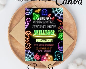 Editable Neon Halloween Party Invite glow Birthday invitation Halloween Invitation Halloween spooky party invite