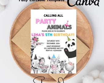 Editable Party Animals Birthday Invitation, Safari Wild Animals, Zoo, Boy, Girl, DIGITAL Printable Invite 5” x 7” - Edit today!