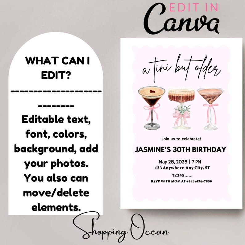 Peut inclure: Une invitation imprimable rose et blanche pour une f&ecirc;te d'anniversaire de 30 ans. L'invitation pr&eacute;sente un graphique de trois cocktails avec des rubans roses et le texte "a tini but older". Le texte "Join us to celebrate! JASMINE'S 30TH BIRTHDAY" est &eacute;galement inclus. La date et l'heure de la f&ecirc;te sont indiqu&eacute;es comme "May 28, 2025 | 7 PM". Le lieu est indiqu&eacute; comme "123 Anywhere Any City, ST 12345". Les informations de RSVP sont "RSVP WITH MOM AT +123-456-7890".